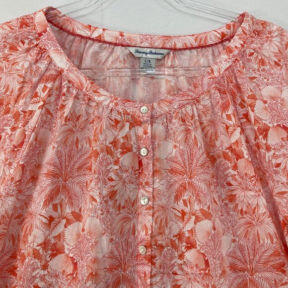 Tommy Bahama Large Red White Floral Puff Sleeve Button Down Blouse Feminine - Picture 4 of 11